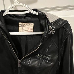 Leather jacket with removable hood